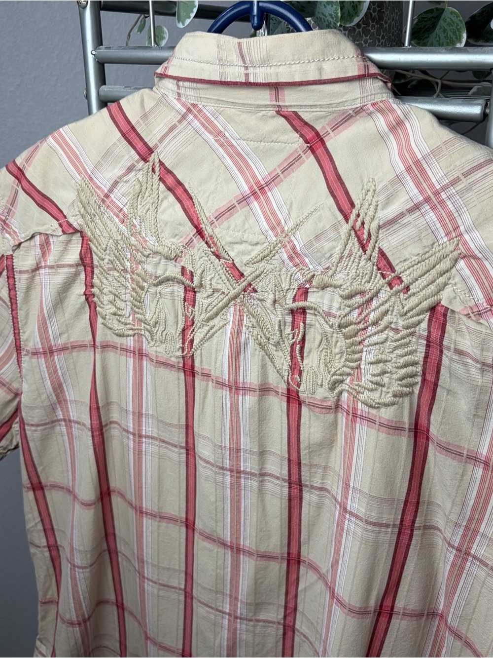 Embroidered Western Snap Button Shirt Men’s Size XL Beige Red Plaid Yoke